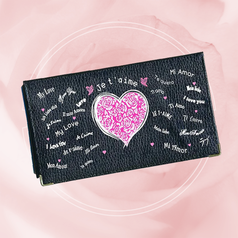Porte chéquier et carte en cuir noir pour femme personnalisé Amour fleur rose