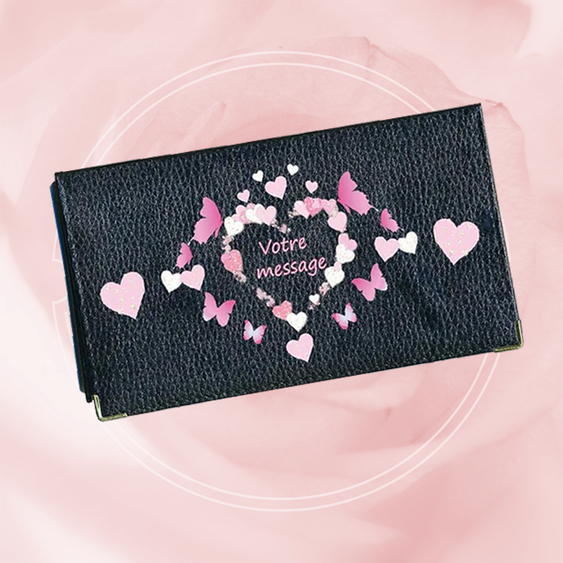 Porte chéquier et carte en cuir noir pour femme personnalisé Coeur message