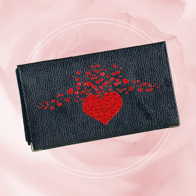 Porte chéquier et carte en cuir noir pour femme personnalisé Multi cœurs rouge