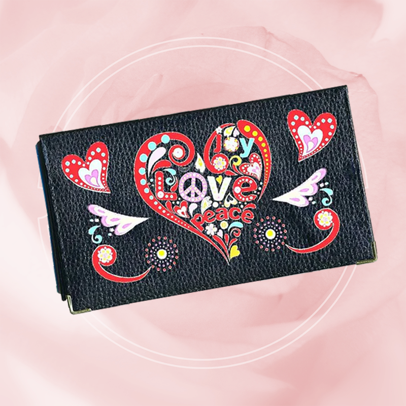 Porte chéquier et carte en cuir noir pour femme motif Love Peace