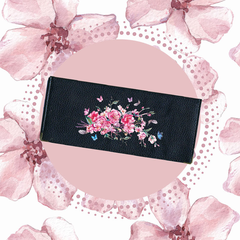 Porte Chéquier long en cuir noir personnalisé avec personnalisé avec Fleurs de Cerisier