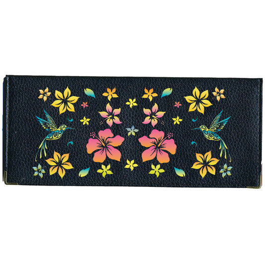 Porte Chéquier long en cuir noir personnalisé avec personnalisé avec Colibri orange
