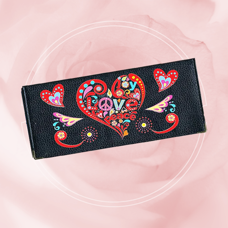 Porte Chéquier long en cuir noir personnalisé avec personnalisé Love Peace