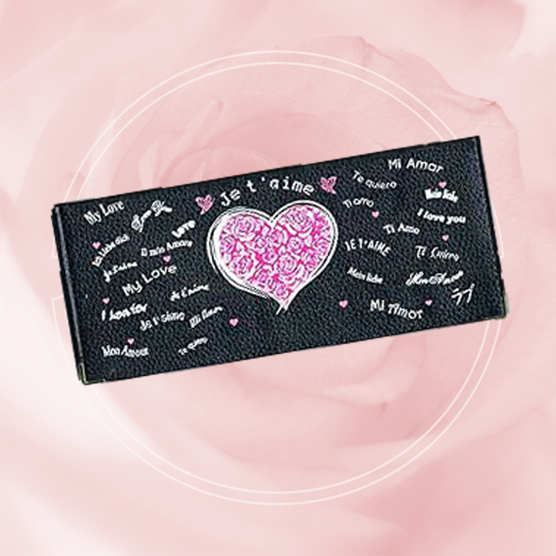 Porte Chéquier long en cuir noir personnalisé avec personnalisé Love fleurs rose