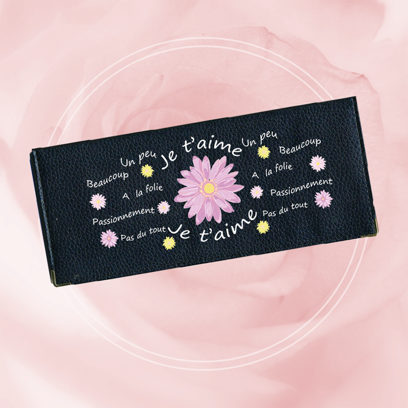 Porte Chéquier long en cuir noir personnalisé avec personnalisé Je t'aime a la folie