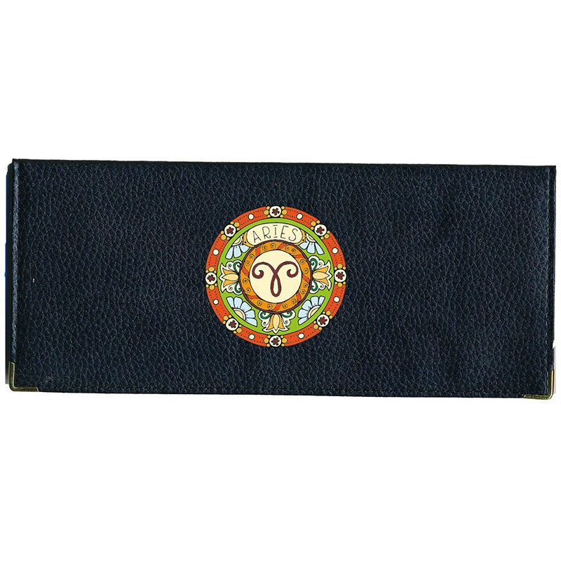 Porte Chéquier long en cuir noir personnalisé avec Signe Zodiaque Astrologique