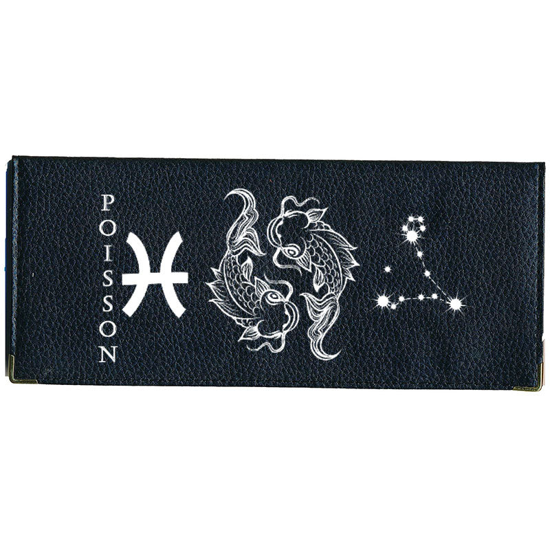 Porte Chéquier long en cuir noir personnalisé avec Signe Astrologique