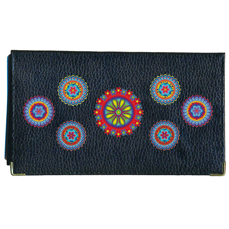 Porte chéquier et carte en cuir noir pour femme personnalisé avec Marguerite rouge