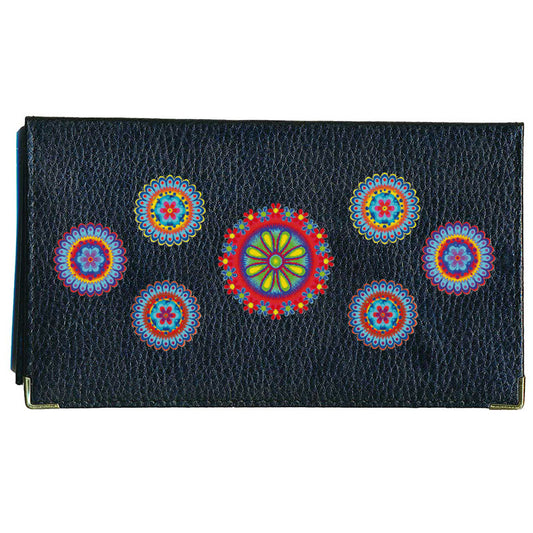 Porte chéquier et carte en cuir noir pour femme personnalisé avec Marguerite rouge