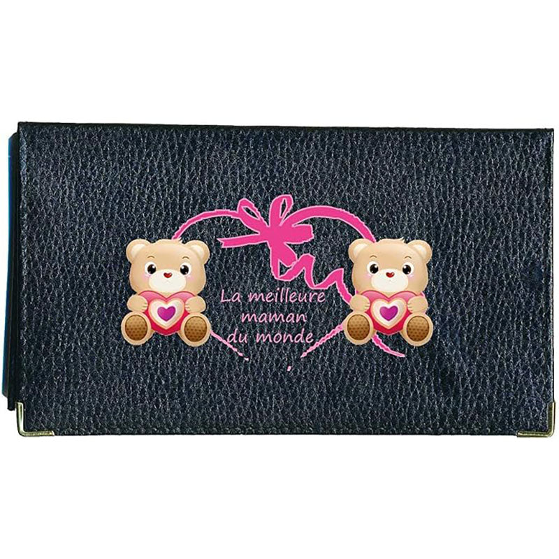 Porte chéquier et carte en cuir noir pour femme personnalisé maman ours