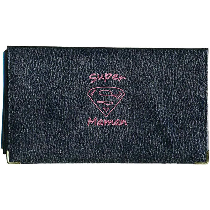 Porte chéquier et carte en cuir noir pour femme personnalisé Super Maman