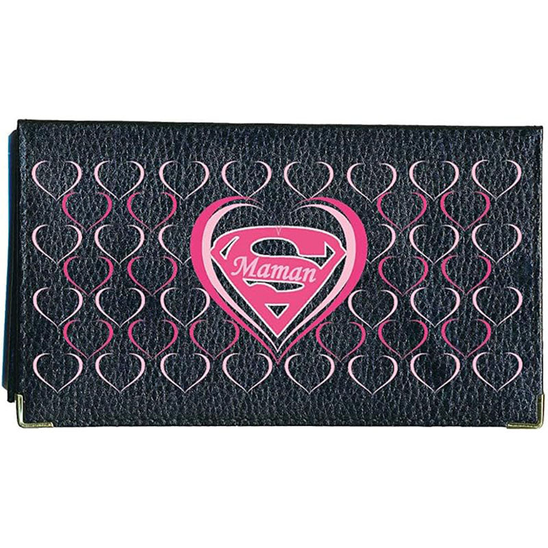 Porte chéquier et carte en cuir noir pour femme personnalisé S Maman