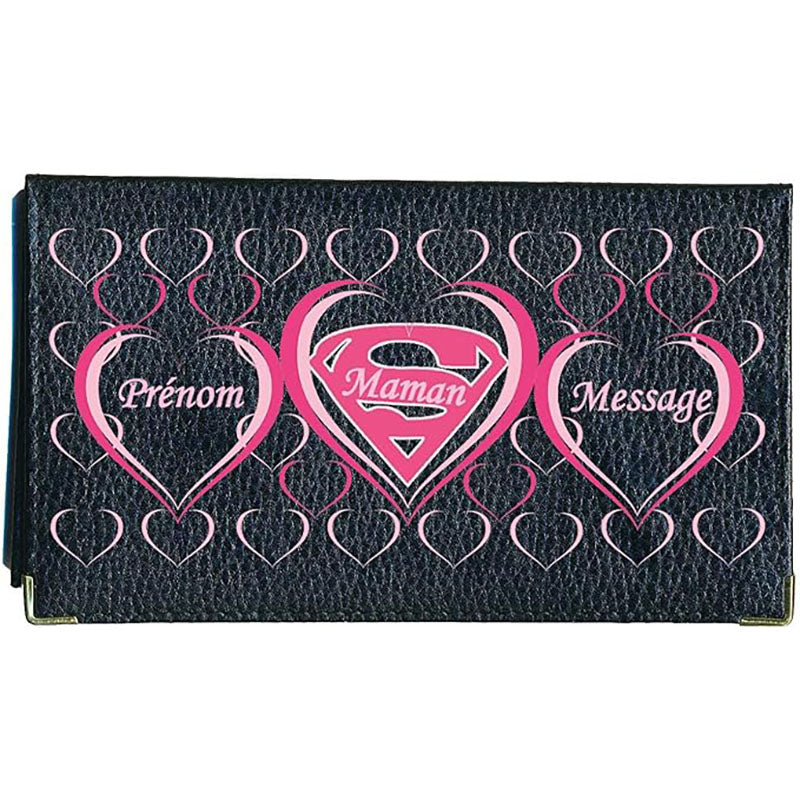 Porte chéquier et carte en cuir noir pour femme personnalisé S Maman
