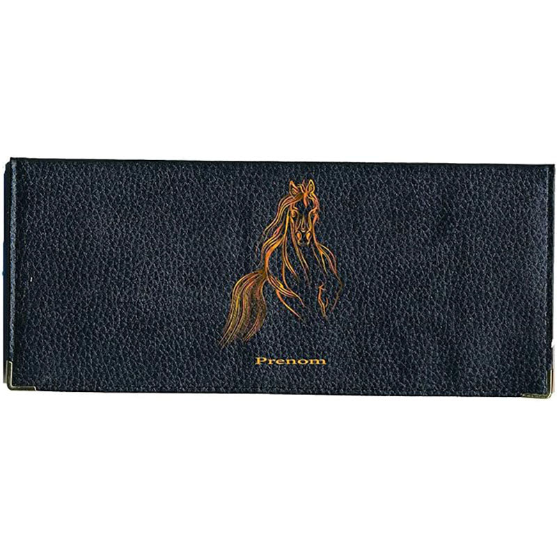 Porte Chéquier long en cuir noir personnalisé avec personnalisé avec Cheval orange
