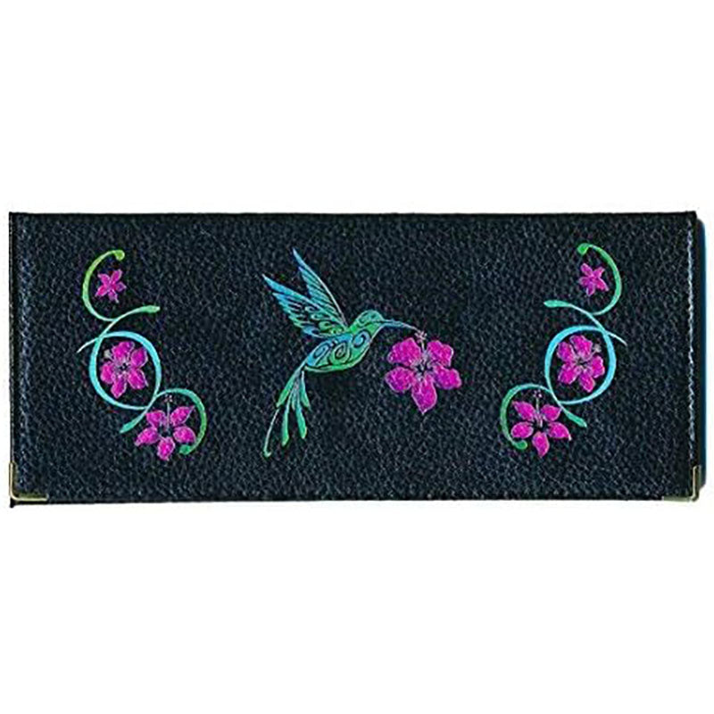 Porte Chéquier long en cuir noir personnalisé avec personnalisé avec Colibri hibiscus
