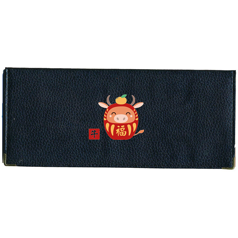 Porte Chéquier long en cuir noir personnalisé avec Signe Chinois Daruma