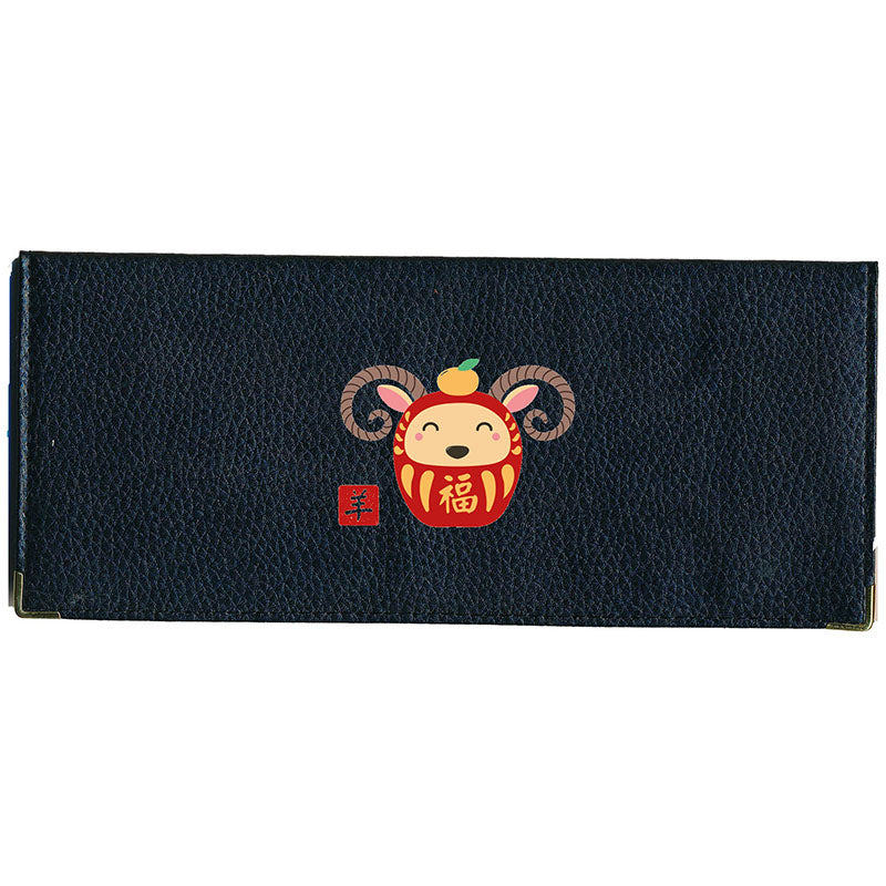 Porte Chéquier long en cuir noir personnalisé avec Signe Chinois Daruma