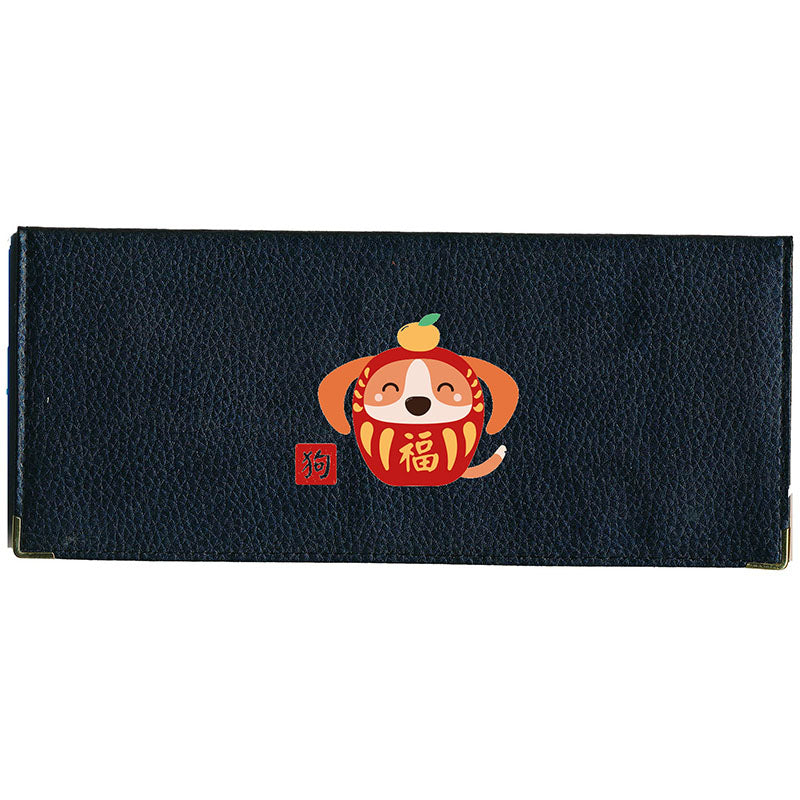 Porte Chéquier long en cuir noir personnalisé avec Signe Chinois Daruma