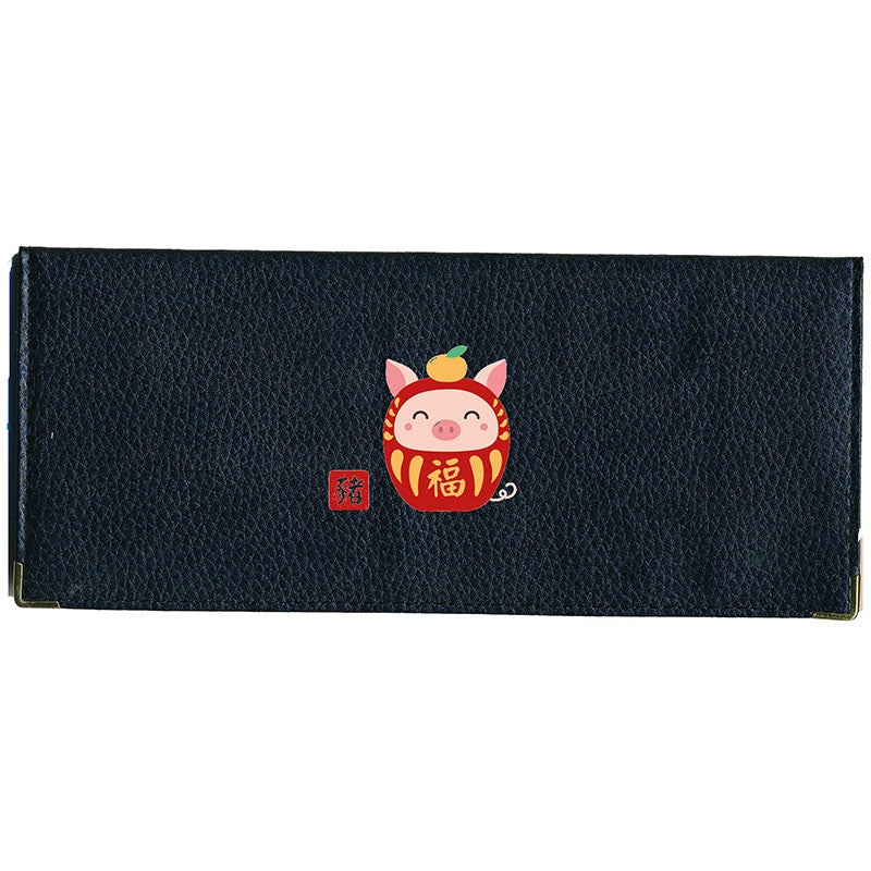 Porte Chéquier long en cuir noir personnalisé avec Signe Chinois Daruma