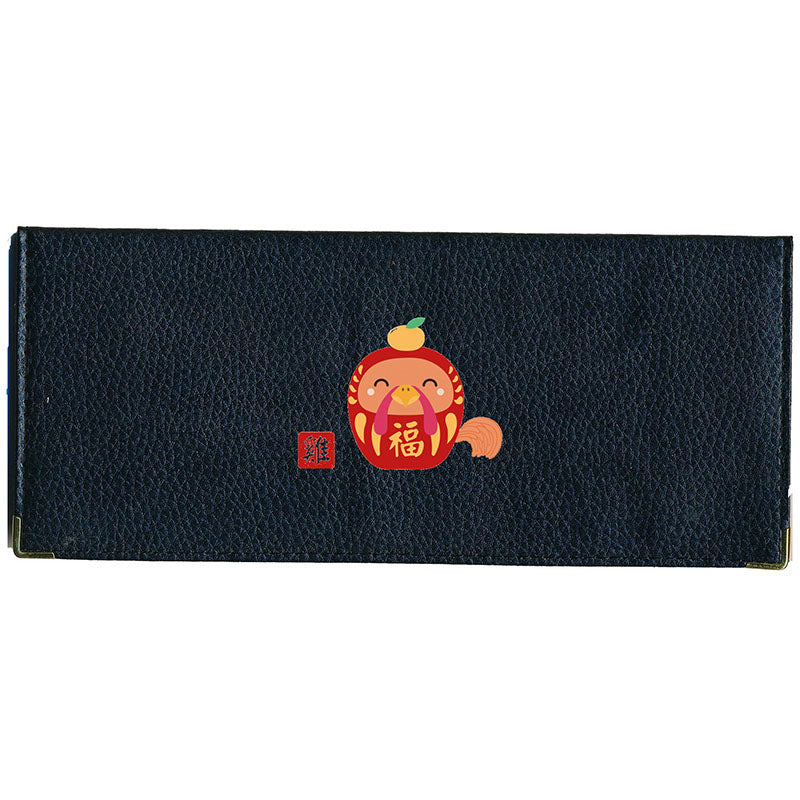 Porte Chéquier long en cuir noir personnalisé avec Signe Chinois Daruma