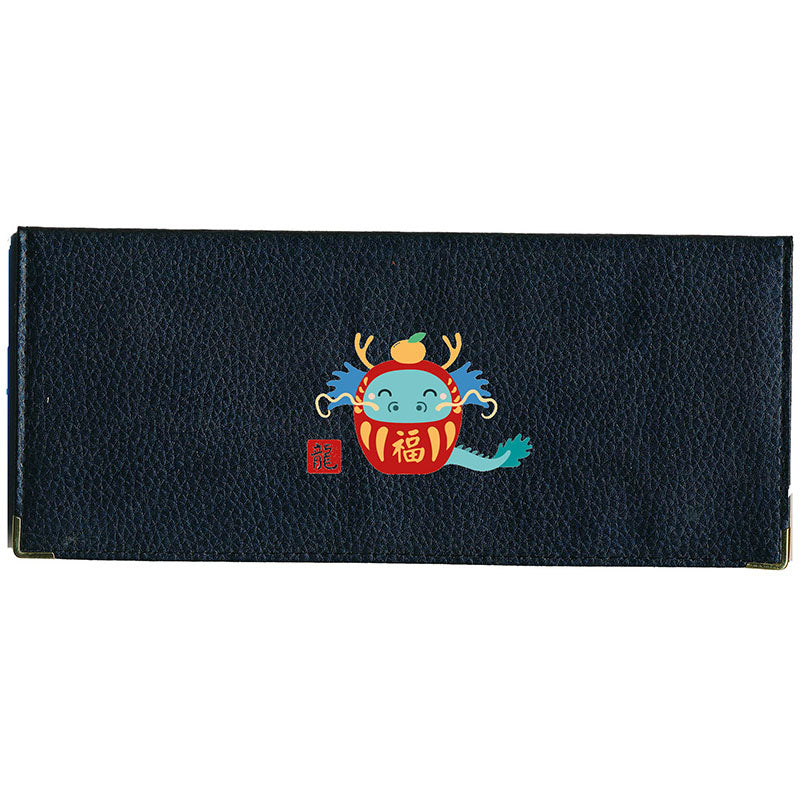 Porte Chéquier long en cuir noir personnalisé avec Signe Chinois Daruma