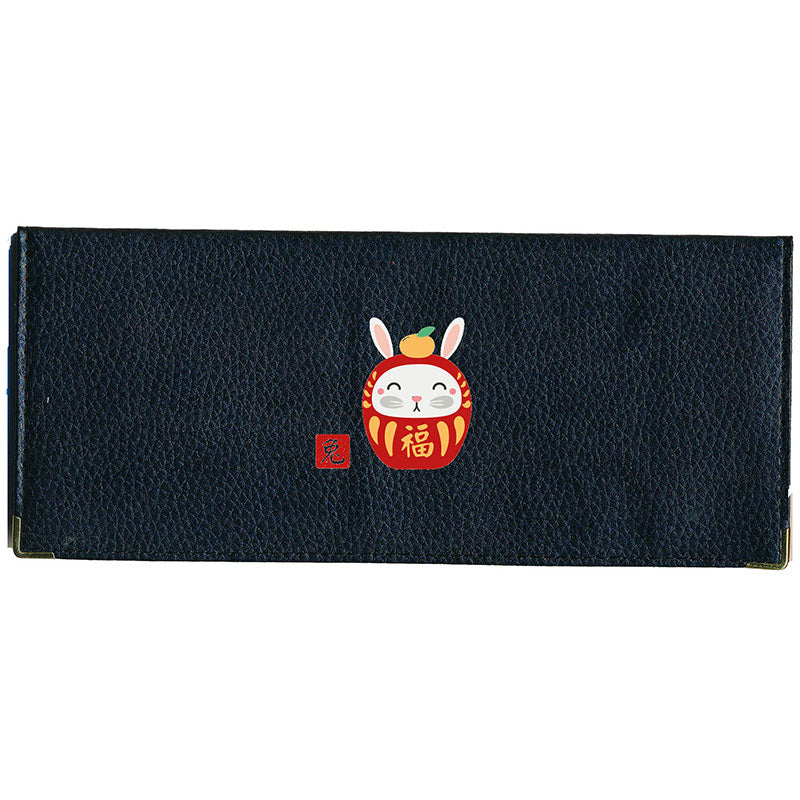 Porte Chéquier long en cuir noir personnalisé avec Signe Chinois Daruma