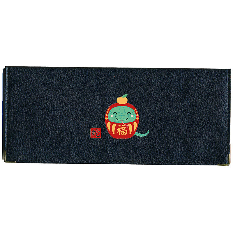Porte Chéquier long en cuir noir personnalisé avec Signe Chinois Daruma