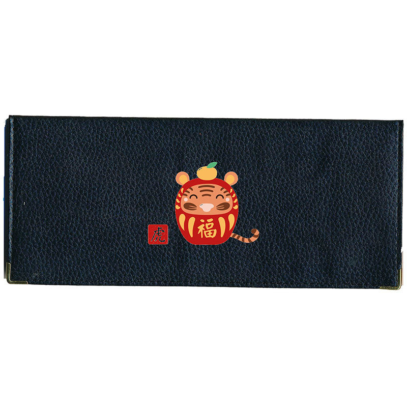 Porte Chéquier long en cuir noir personnalisé avec Signe Chinois Daruma