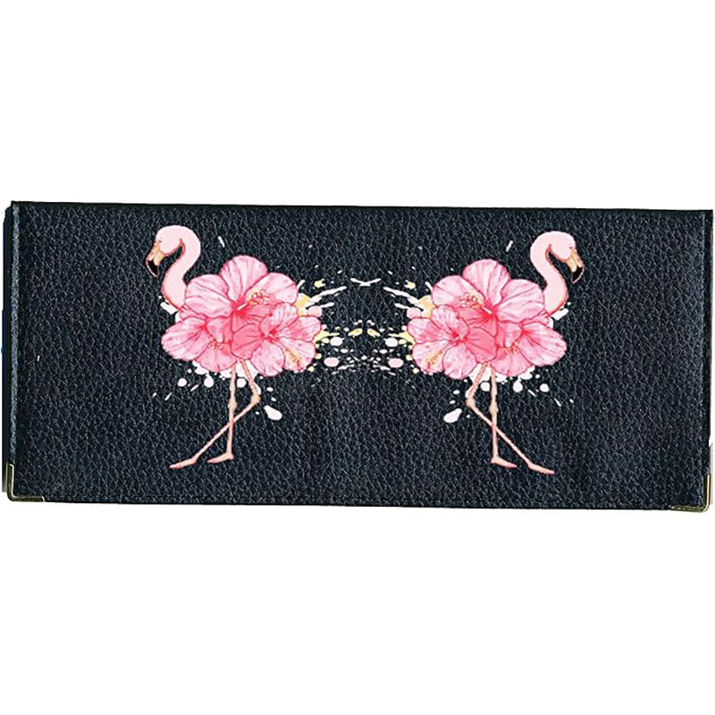 Porte Chéquier long en cuir noir personnalisé avec personnalisé avec Flamant rose