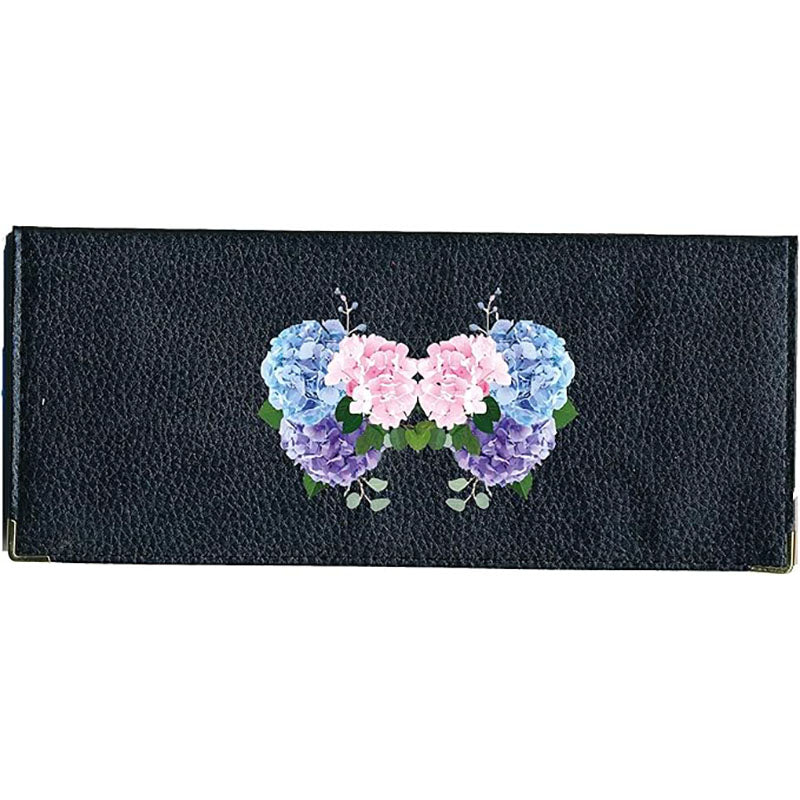 Porte Chéquier long en cuir noir personnalisé avec personnalisé avec Hortensia