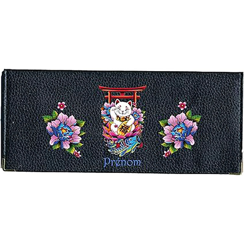 Porte Chéquier long en cuir noir personnalisé avec personnalisé avec Maneki-neko Chat