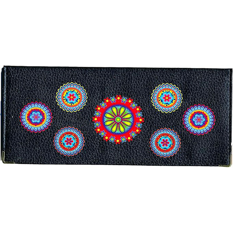 Porte Chéquier long en cuir noir personnalisé avec personnalisé avec Marguerite rouge