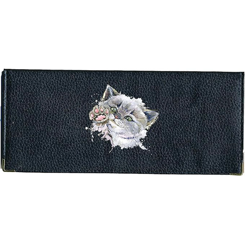 Porte Chéquier long en cuir noir personnalisé avec personnalisé avec Chat Minou
