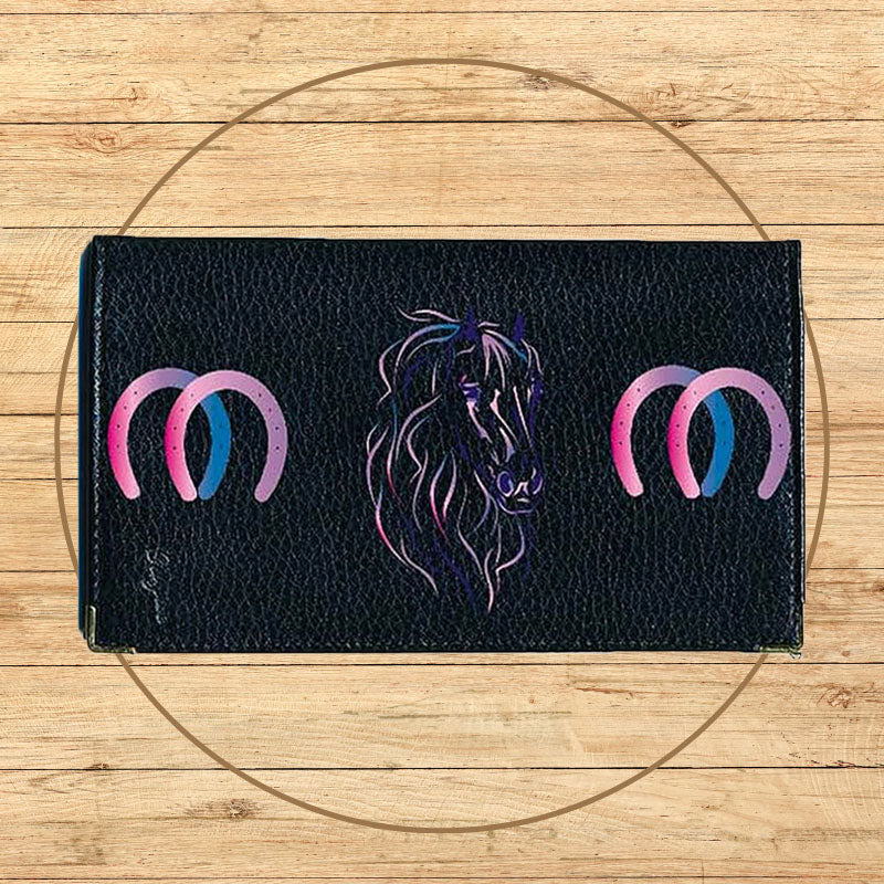 Porte chéquier et carte en cuir noir pour femme personnalisé avec Cheval bleu rose