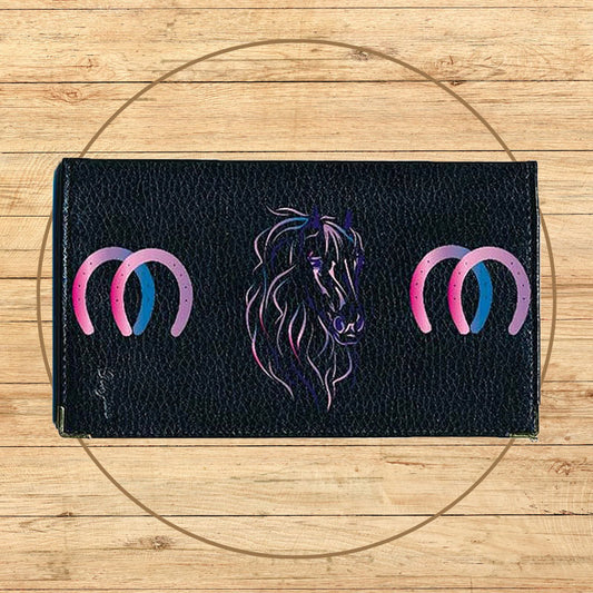 Porte chéquier et carte en cuir noir pour femme personnalisé avec Cheval bleu rose