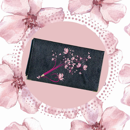 Porte chéquier et carte en cuir noir pour femme personnalisé avec Crayon fleurs