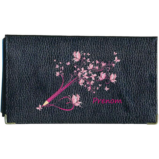 Porte chéquier et carte en cuir noir pour femme personnalisé avec Crayon fleurs