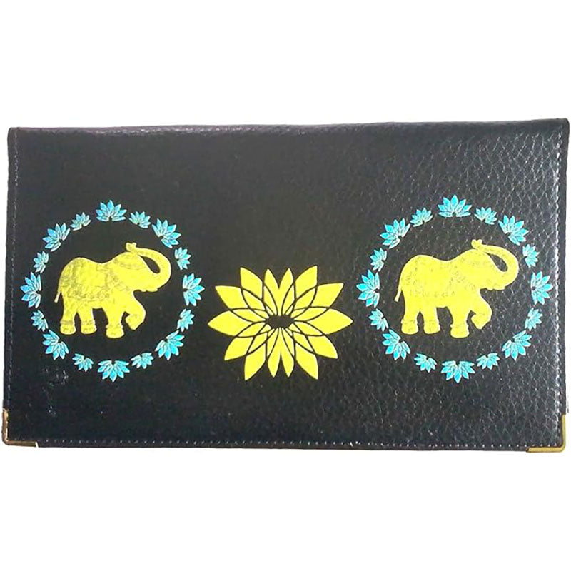 Porte chéquier et carte en cuir noir pour femme avec motif éléphant