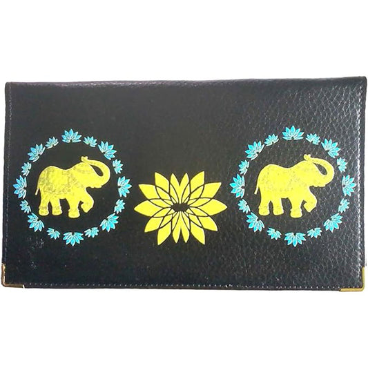 Porte chéquier et carte en cuir noir pour femme avec motif éléphant