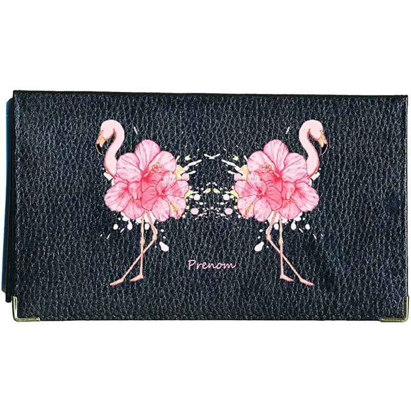 Porte chéquier et carte en cuir noir pour femme personnalisé avec Flamant rose