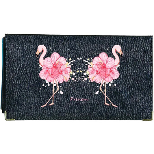 Porte chéquier et carte en cuir noir pour femme personnalisé avec Flamant rose