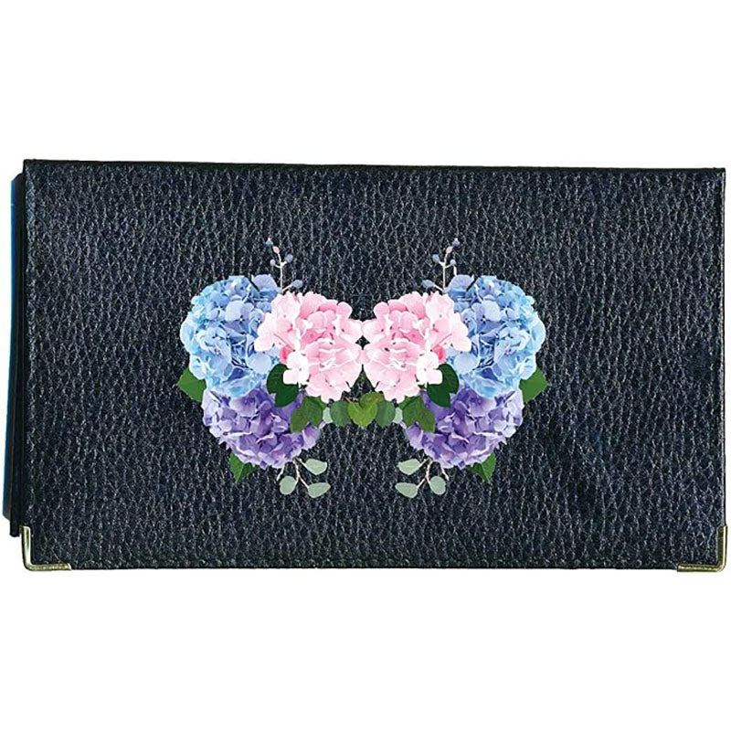 Porte chéquier et carte en cuir noir pour femme personnalisé avec Hortensia