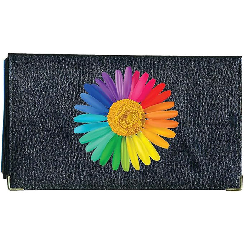 Porte chéquier et carte en cuir noir pour femme personnalisé avec Marguerite arc en ciel