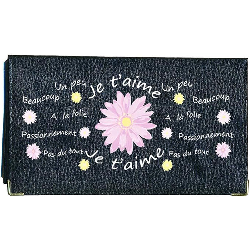 Porte chéquier et carte en cuir noir pour femme personnalisé avec Marguerite je t'aime...