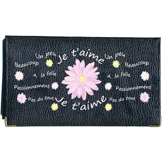 Porte chéquier et carte en cuir noir pour femme personnalisé avec Marguerite je t'aime...