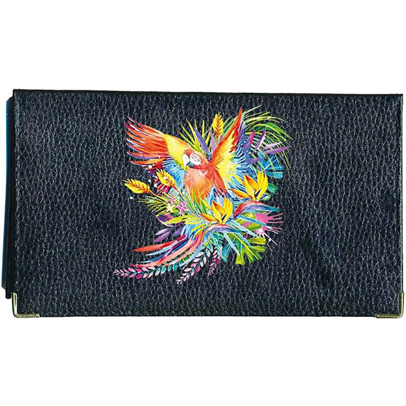 Porte chéquier et carte en cuir noir pour femme personnalisé avec Perroquet