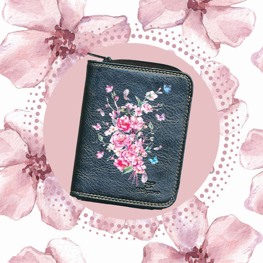 Porte monnaie et carte noir en Simili Cuir pour femme personnalisé Cerisier fleurs