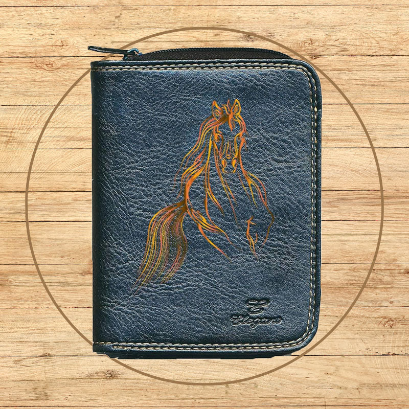 Porte monnaie et carte noir en Simili Cuir Design Cheval Orange