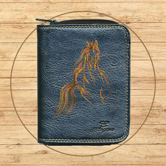 Porte monnaie et carte noir en Simili Cuir Design Cheval Orange
