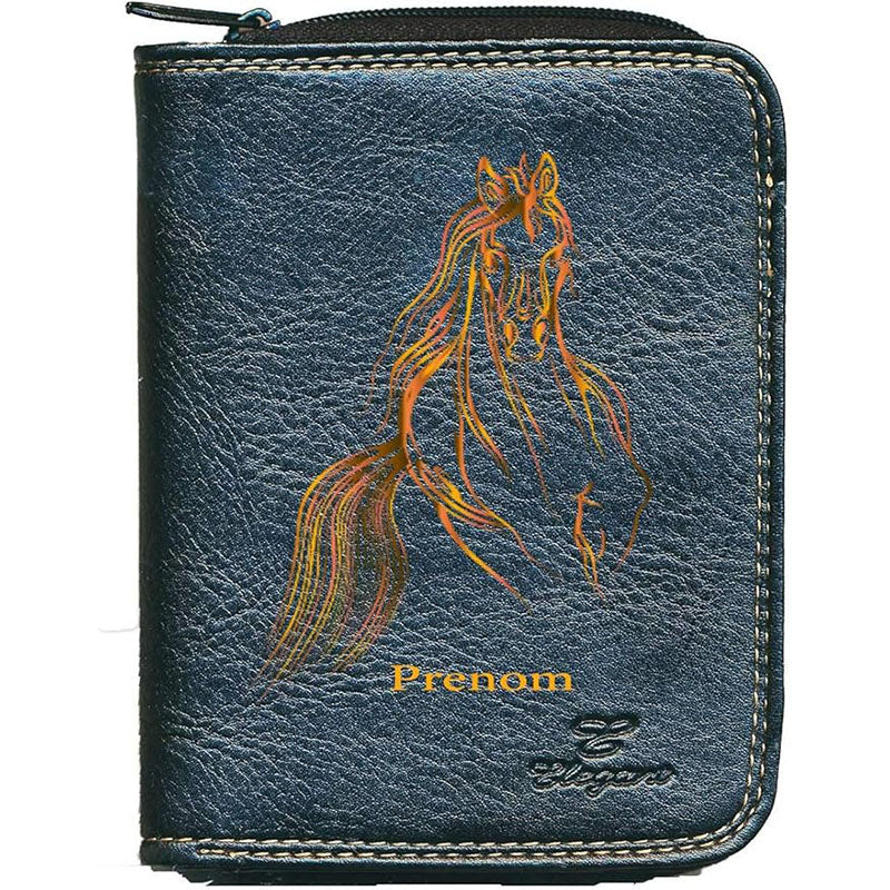 Porte monnaie et carte noir en Simili Cuir Design Cheval Orange